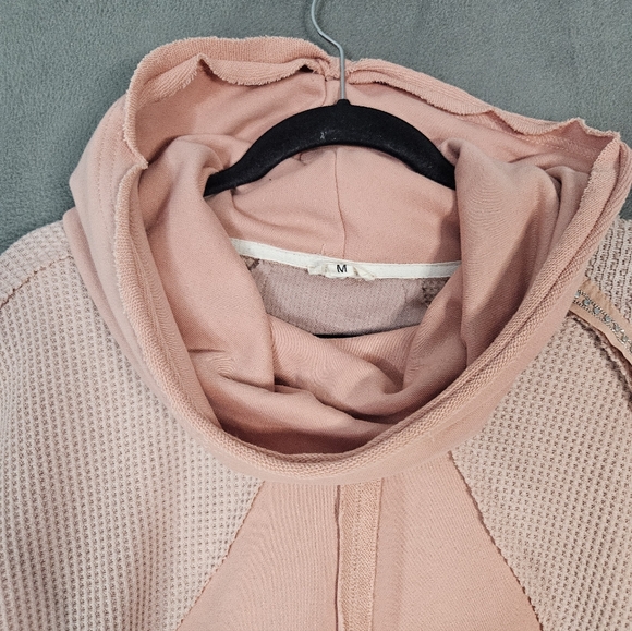 Pol Womens Medium Sweatshirt Boho Cowl Hoodie Pink Waffle Knit Ovetsized Bling - Picture 3 of 12